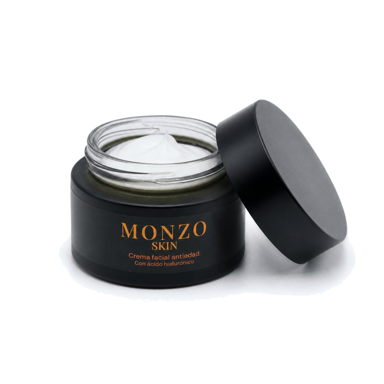 Tarro abierto de crema facial MONZO SKIN mostrando su textura